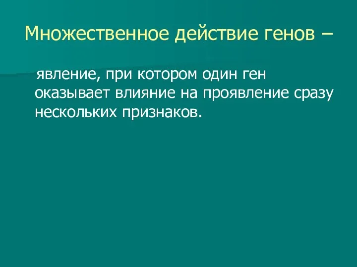 Множественное действие генов – явление, при котором один ген оказывает влияние на проявление сразу нескольких признаков.