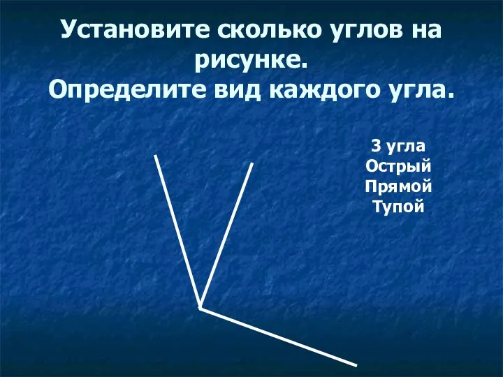 Установите сколько углов на рисунке. Определите вид каждого угла. 3 угла Острый Прямой Тупой