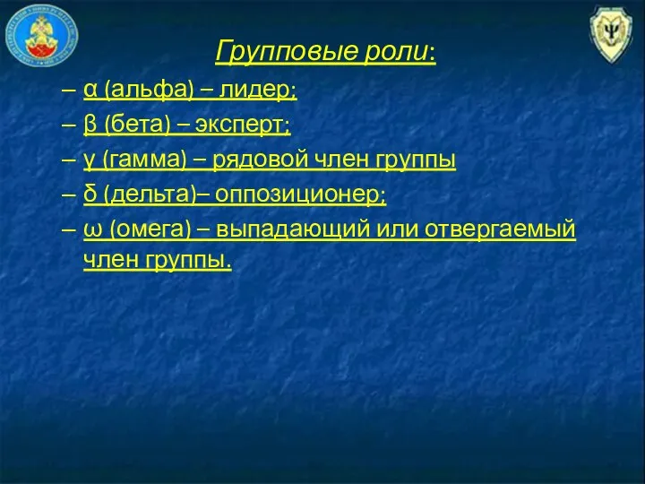 Групповые роли: α (альфа) – лидер; β (бета) – эксперт; γ