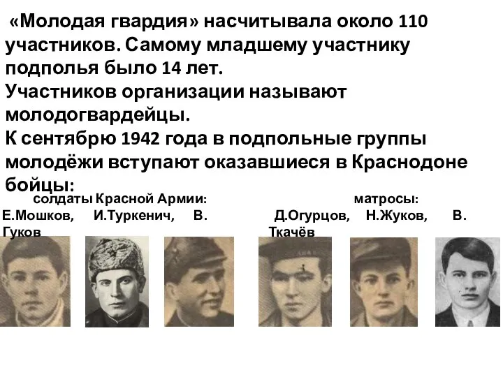 «Молодая гвардия» насчитывала около 110 участников. Самому младшему участнику подполья было