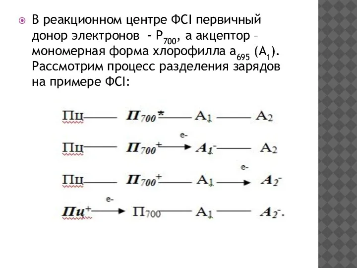 В реакционном центре ФСI первичный донор электронов - Р700, а акцептор