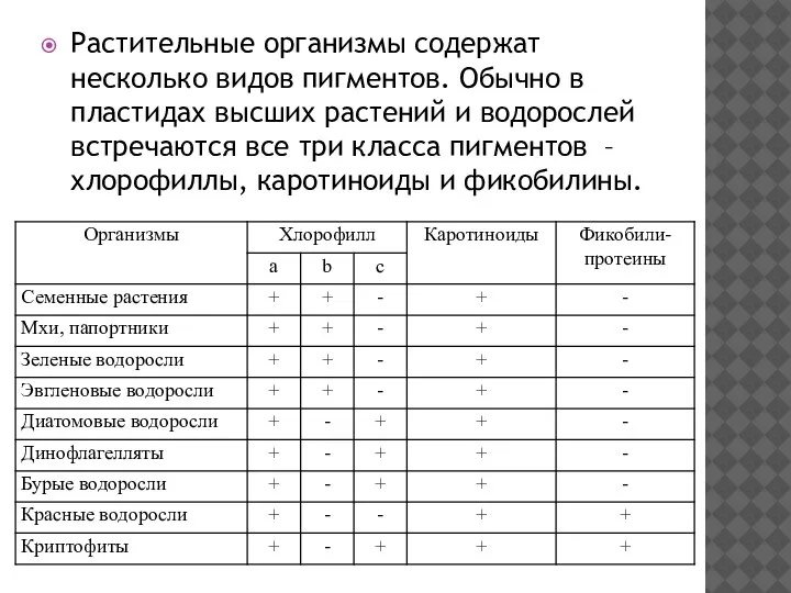 Растительные организмы содержат несколько видов пигментов. Обычно в пластидах высших растений