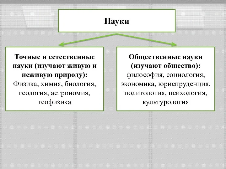 Науки Точные и естественные науки (изучают живую и неживую природу): Физика,