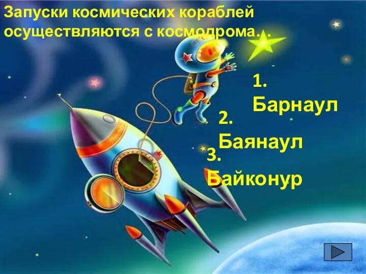 Запуски космических кораблей осуществляются с космодрома… 1. Барнаул 3. Байконур 2. Баянаул
