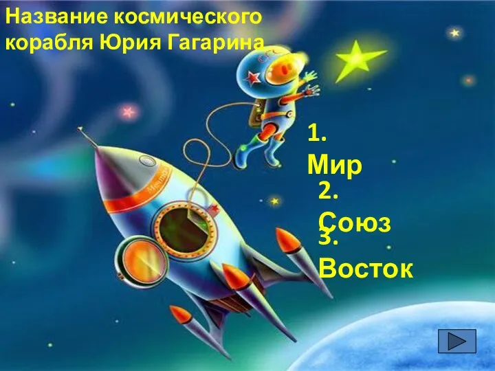 Название космического корабля Юрия Гагарина 1. Мир 3. Восток 2. Союз