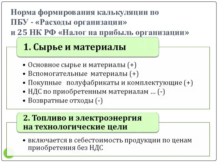 Норма формирования калькуляции по ПБУ - «Расходы организации» и 25 НК РФ «Налог на прибыль организации»