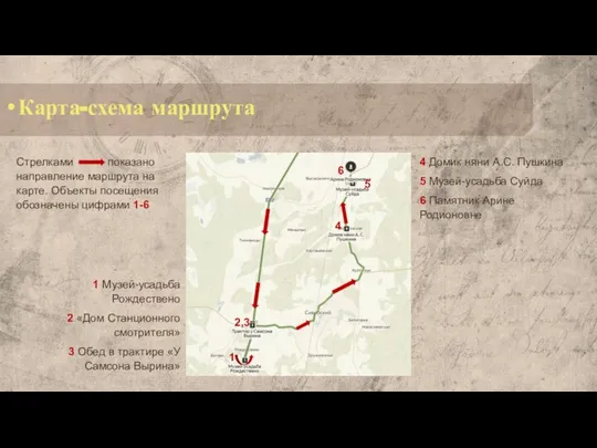 Карта-схема маршрута 1 2,3 4 5 6 Стрелками показано направление маршрута