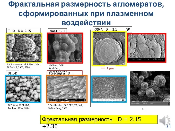 Фрактальная размерность агломератов, сформированных при плазменном воздействии W 1 μm T-10: