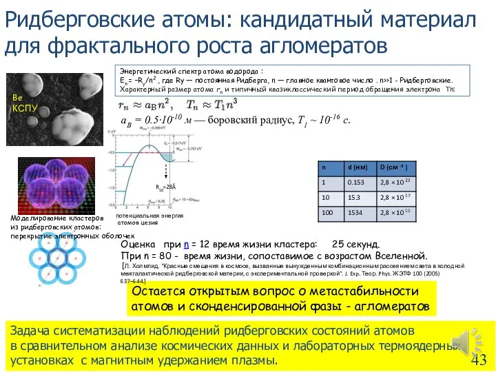 Be КСПУ Ридберговские атомы: кандидатный материал для фрактального роста агломератов Остается