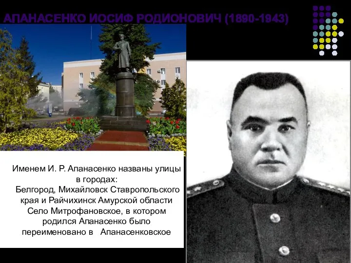 АПАНАСЕНКО ИОСИФ РОДИОНОВИЧ (1890-1943) В 1949 г. в Белгороде был открыт