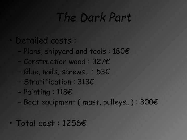 The Dark Part Detailed costs : Plans, shipyard and tools :