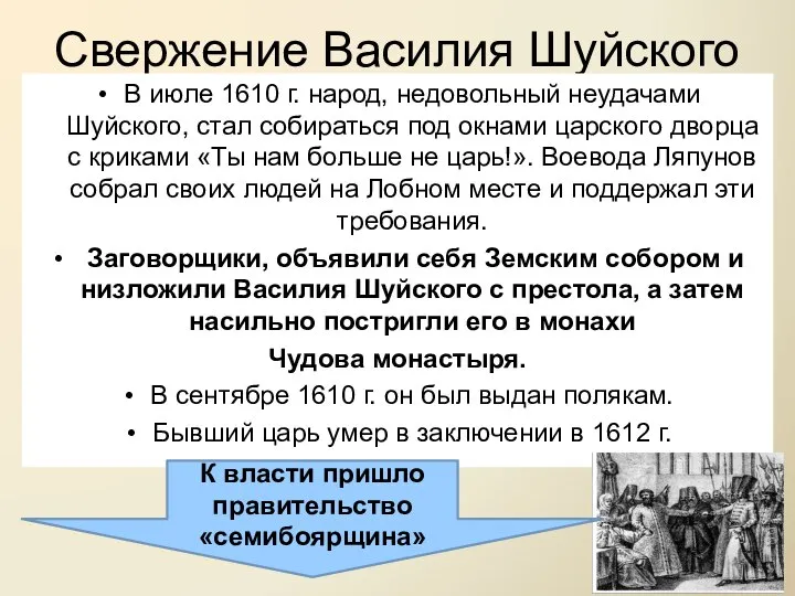 Свержение Василия Шуйского В июле 1610 г. народ, недовольный неудачами Шуйского,