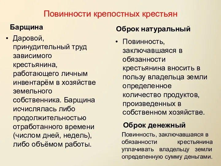 Повинности крепостных крестьян Барщина Даровой, принудительный труд зависимого крестьянина, работающего личным