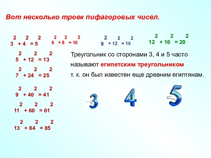 Вот несколько троек пифагоровых чисел. 62 + 82 = 102 92