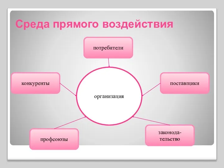 Среда прямого воздействия организация конкуренты потребители поставщики профсоюзы законода-тельство