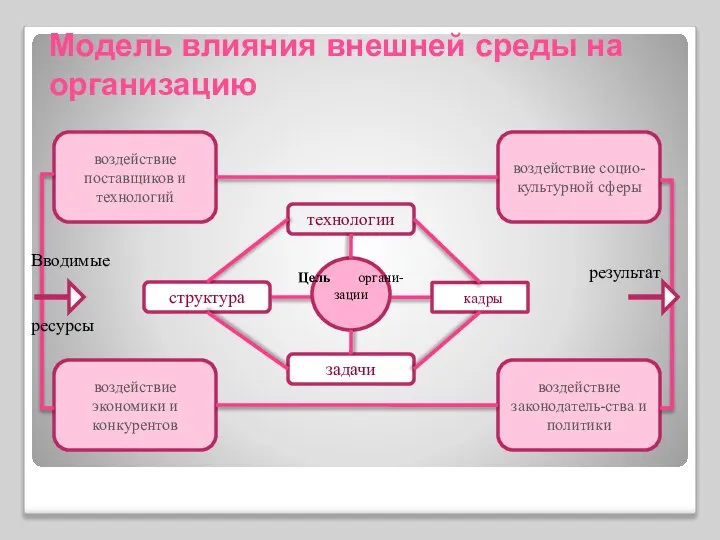 Модель влияния внешней среды на организацию кадры Цель органи- зации технологии