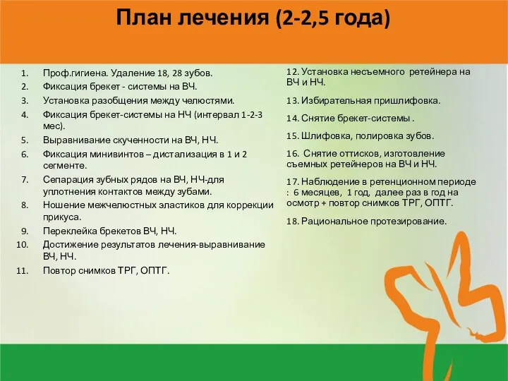 План лечения (2-2,5 года) Проф.гигиена. Удаление 18, 28 зубов. Фиксация брекет