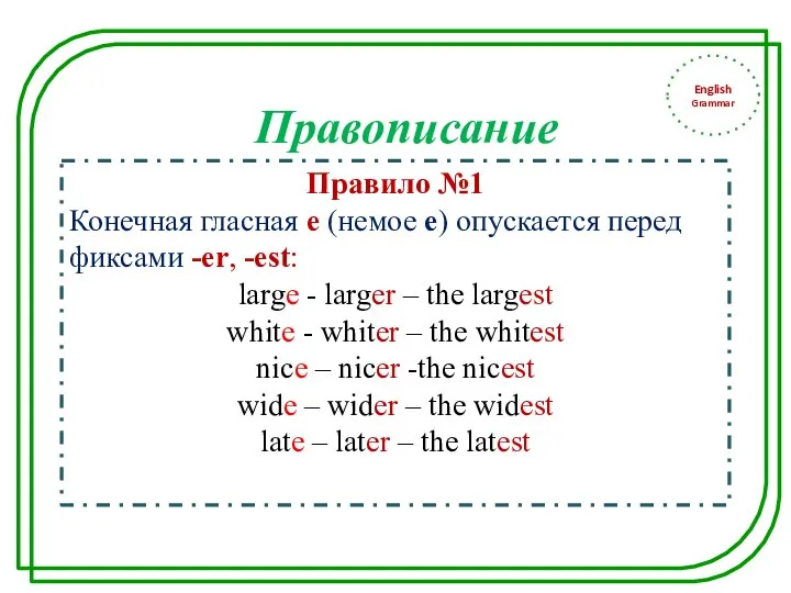 English Grammar Правило №1 Конечная гласная е (немое е) опускается перед