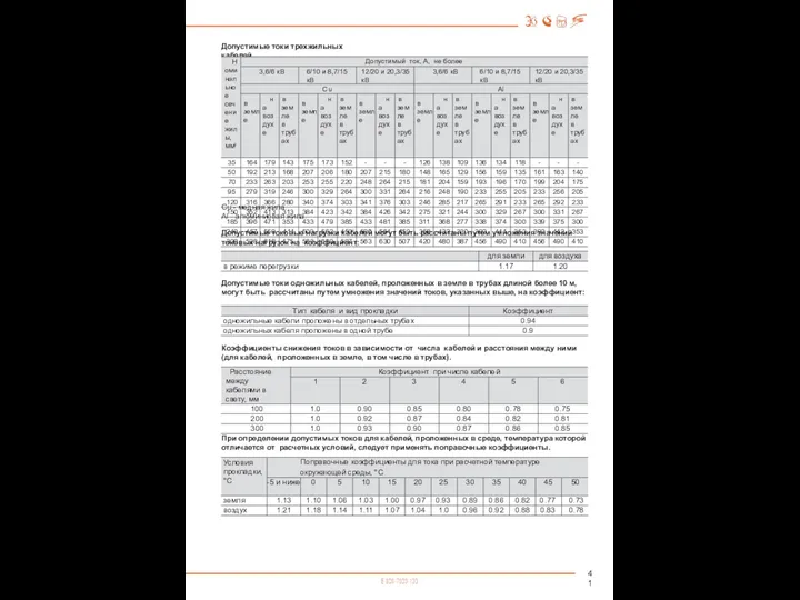 41 Допустимые токи трехжильных кабелей. Cu - медная жила. Al -