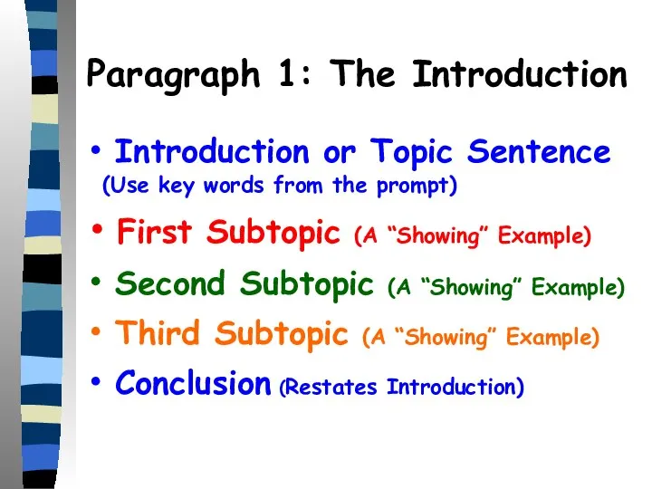 Paragraph 1: The Introduction Introduction or Topic Sentence (Use key words