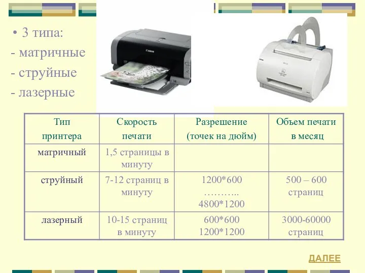 3 типа: - матричные - струйные - лазерные ДАЛЕЕ