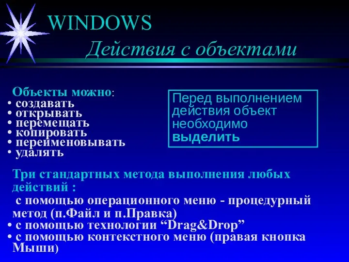 WINDOWS Действия с объектами Объекты можно: создавать открывать перемещать копировать переименовывать