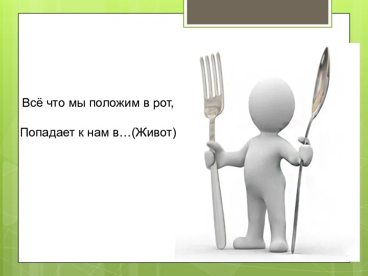 Всё что мы положим в рот, Попадает к нам в…(Живот)