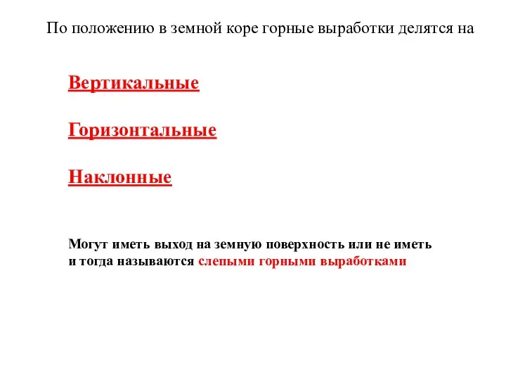 Вертикальные Горизонтальные Наклонные Могут иметь выход на земную поверхность или не