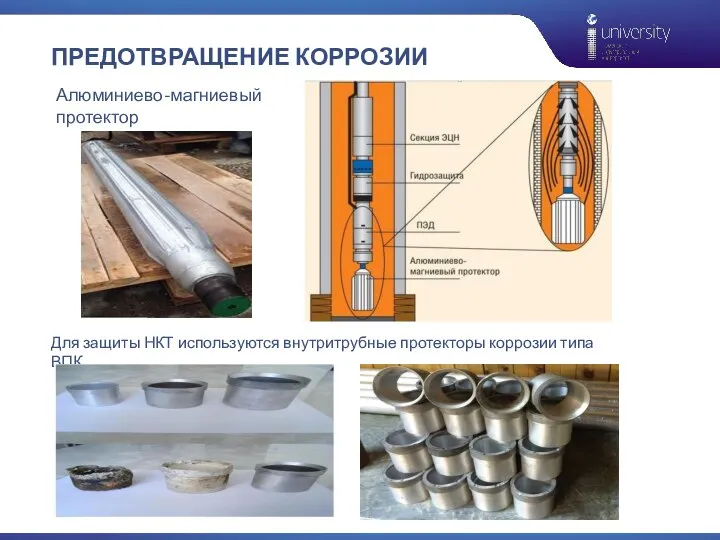 ПРЕДОТВРАЩЕНИЕ КОРРОЗИИ Для защиты НКТ используются внутритрубные протекторы коррозии типа ВПК Алюминиево-магниевый протектор