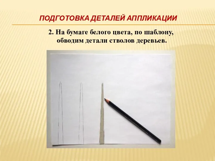 ПОДГОТОВКА ДЕТАЛЕЙ АППЛИКАЦИИ 2. На бумаге белого цвета, по шаблону, обводим детали стволов деревьев.