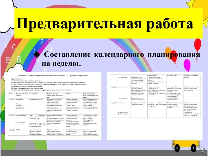 Предварительная работа Составление календарного планирования на неделю.