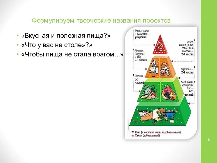 Формулируем творческие названия проектов «Вкусная и полезная пища?» «Что у вас