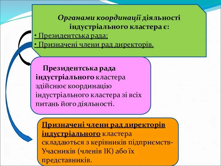 Орга­нами координації діяльності індустріального кластера є: • Президентська рада; • Призначені