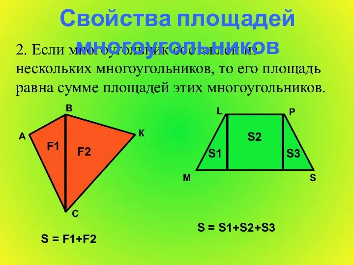 2. Если многоугольник составлен из нескольких многоугольников, то его площадь равна