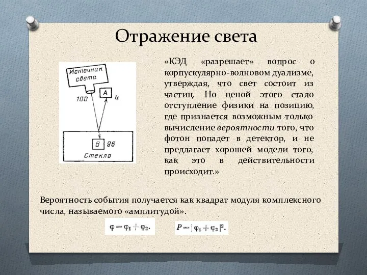 Отражение света «КЭД «разрешает» вопрос о корпускулярно-волновом дуализме, утверждая, что свет