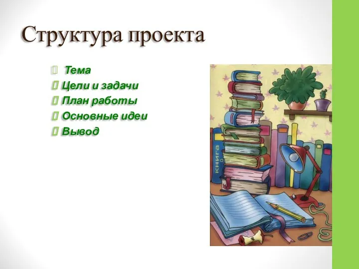 Структура проекта Тема Цели и задачи План работы Основные идеи Вывод