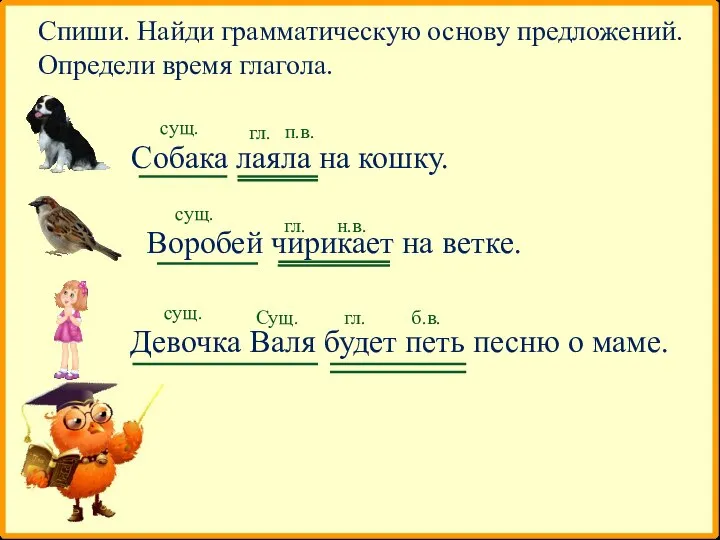 Собака лаяла на кошку. Воробей чирикает на ветке. Девочка Валя будет