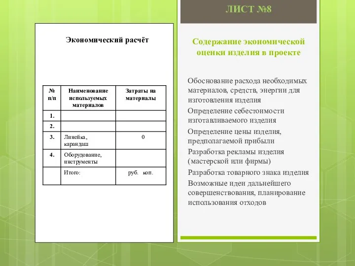 Содержание экономической оценки изделия в проекте Обоснование расхода необходимых материалов, средств,