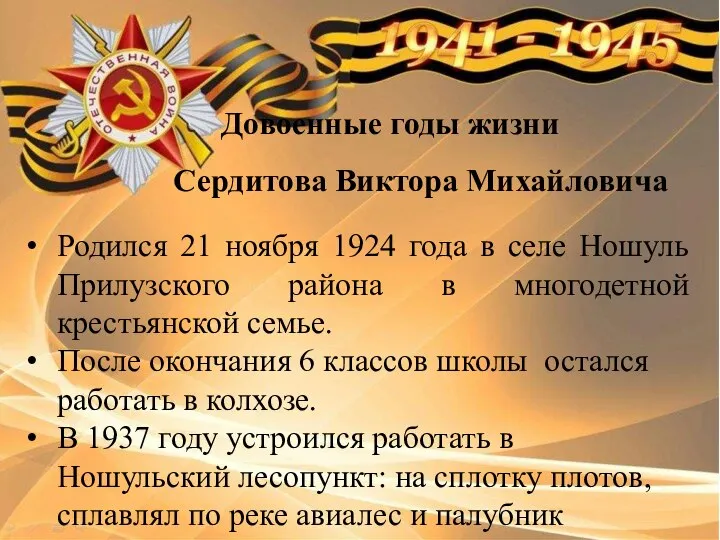 Довоенные годы жизни Сердитова Виктора Михайловича Родился 21 ноября 1924 года