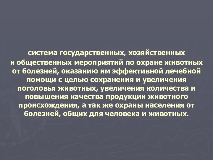 система государственных, хозяйственных и общественных мероприятий по охране животных от болезней,