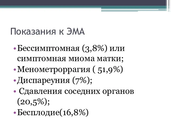 Показания к ЭМА Бессимптомная (3,8%) или симптомная миома матки; Менометроррагия (