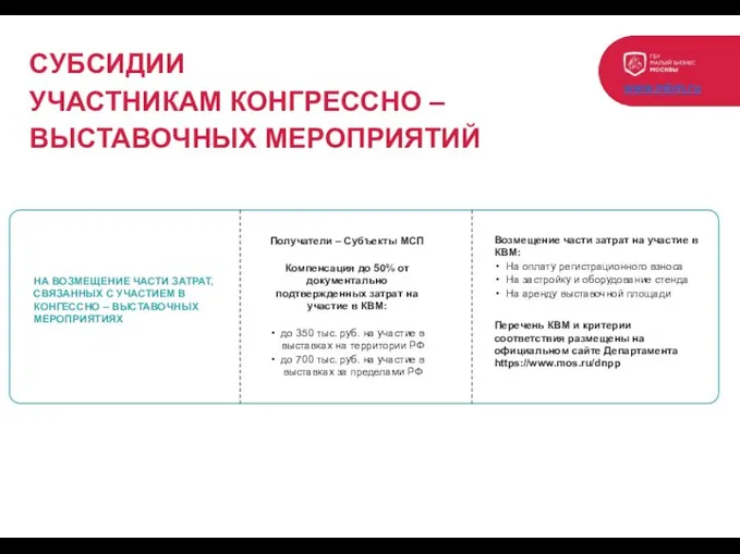 СУБСИДИИ УЧАСТНИКАМ КОНГРЕССНО – ВЫСТАВОЧНЫХ МЕРОПРИЯТИЙ www.mbm.ru НА ВОЗМЕЩЕНИЕ ЧАСТИ ЗАТРАТ,