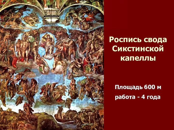 Роспись свода Сикстинской капеллы Площадь 600 м работа - 4 года