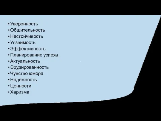 Уверенность Общительность Настойчивость Уязвимость Эффективность Планирование успеха Актуальность Эрудированность Чувство юмора Надежность Ценности Харизма