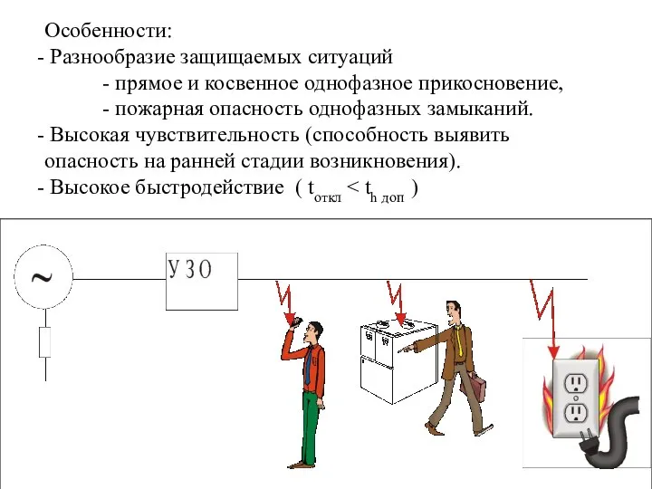 Особенности: Разнообразие защищаемых ситуаций прямое и косвенное однофазное прикосновение, пожарная опасность