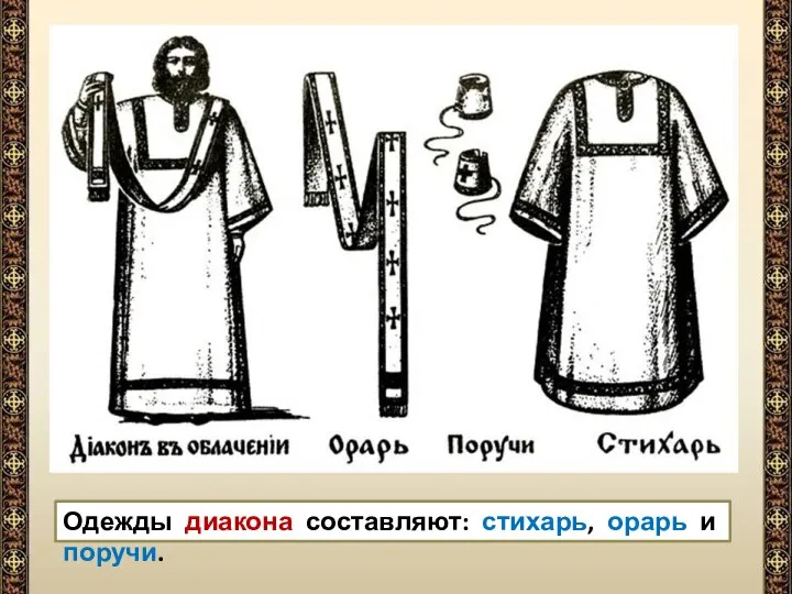 Одежды диакона составляют: стихарь, орарь и поручи.