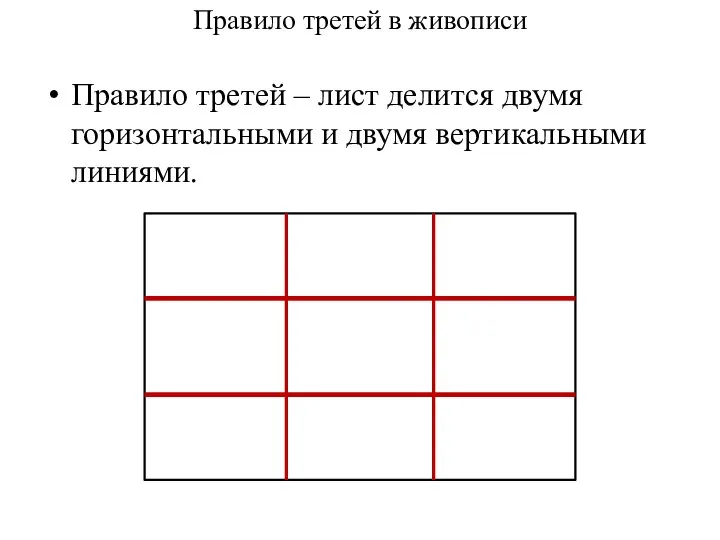 Правило третей в живописи Правило третей – лист делится двумя горизонтальными и двумя вертикальными линиями.