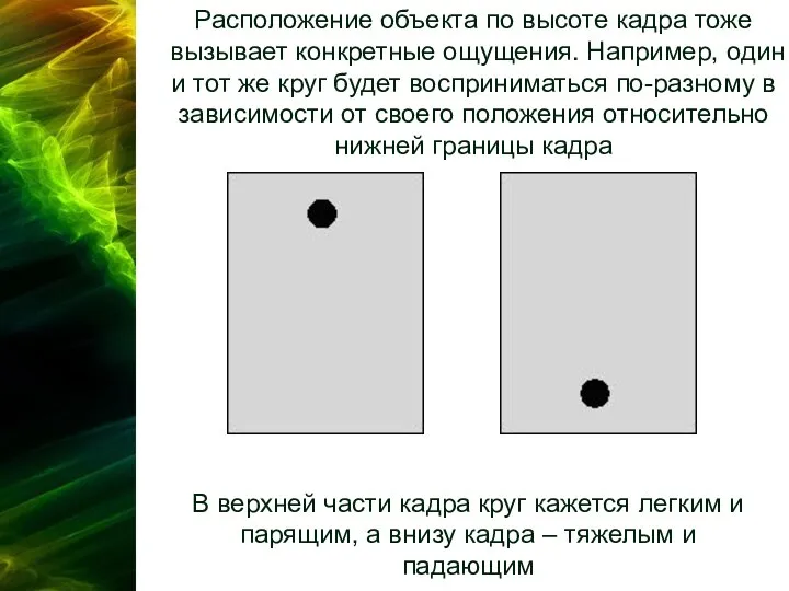 Расположение объекта по высоте кадра тоже вызывает конкретные ощущения. Например, один