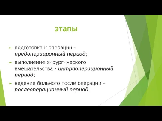 этапы подготовка к операции - предоперационный период; выполнение хирургического вмешательства -