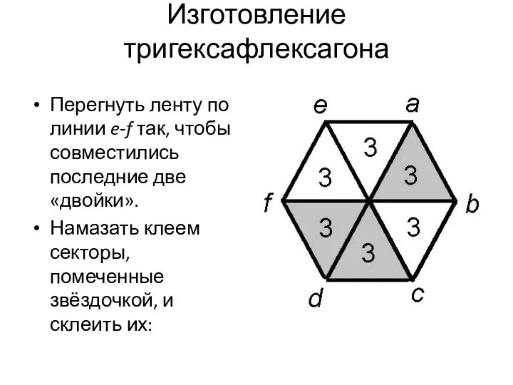 Изготовление тригексафлексагона Перегнуть ленту по линии e-f так, чтобы совместились последние